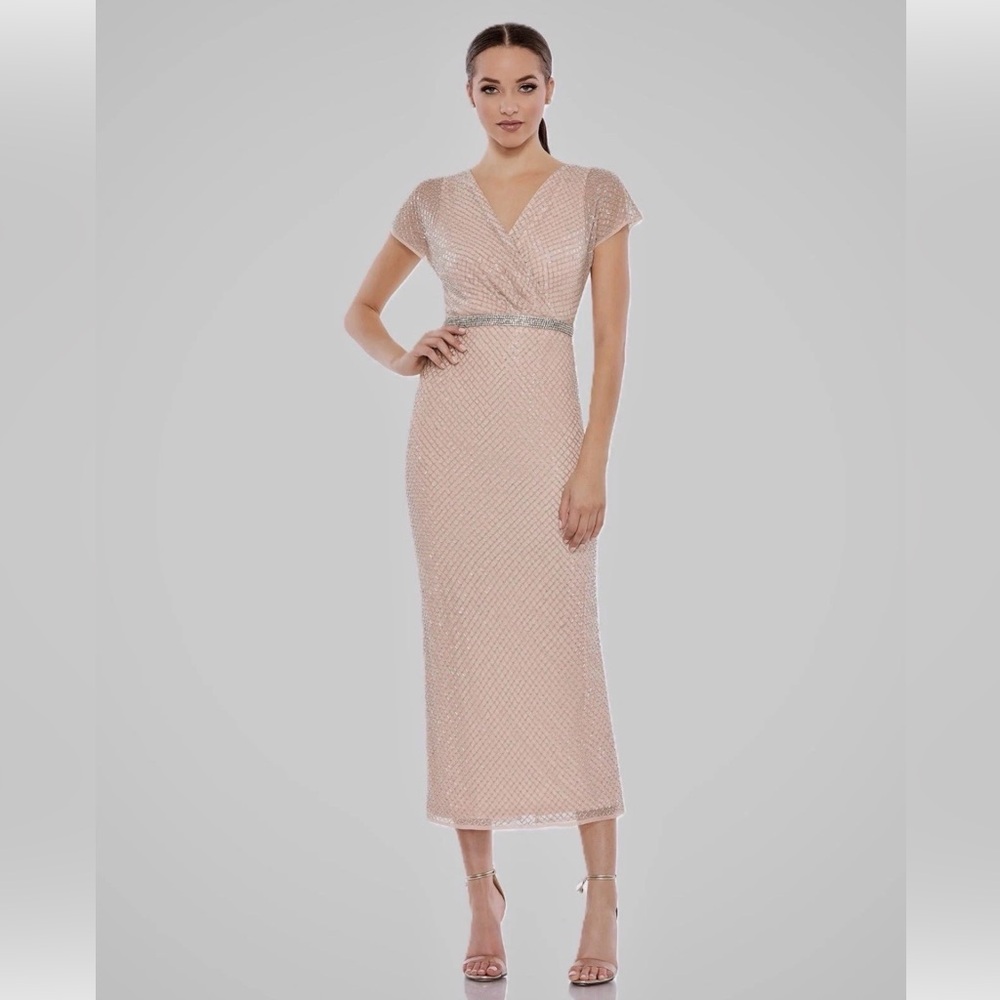 Mac Duggal 93787 Pink Beaded Rhinestone Wrap Midi Dress 10 V-Neck Cap Sleeve NWT